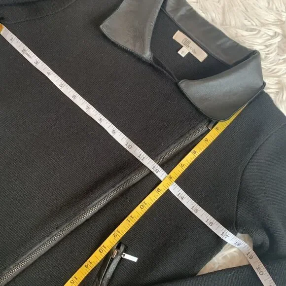 MY TRIBE wool blend Moto knit jacket leather trim full zip front zip pockets - Picture 9 of 11